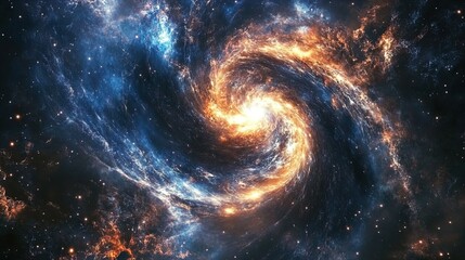 Fototapeta premium A stunningly detailed and vibrant depiction of a spiral galaxy in deep space. The core of the galaxy glows with intense brightness, emitting brilliant shades of yellow and orange. Spiraling arms of ga