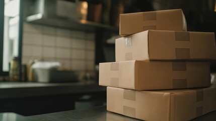 Stacked ready-to-eat food boxes in restaurant kitchen for efficient meal preparation