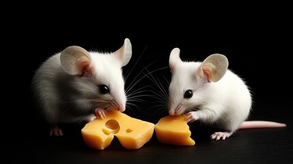 Fototapeta premium Two white mice nibbling on pieces of cheese, set against a black background, creating a cute and playful scene.