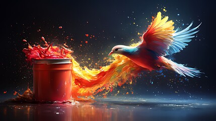 A colorful bird emerges from a paint can, its wings formed by splashes of vibrant paint, creating a dynamic and abstract scene.