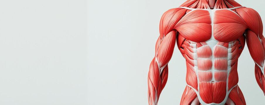 Human muscles contracting during exercise, showcasing detailed anatomy and muscle structure. This highlights importance of fitness and physical health