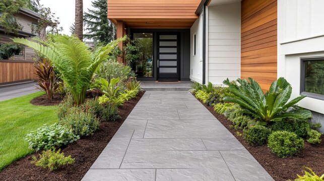 Inviting home entrance with a stamped concrete walkway, flagstone texture, surrounded by manicured plants and wooden accents, blending nature and architecture
