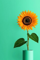 Obraz premium Vibrant sunflower in a modern vase against a turquoise background.