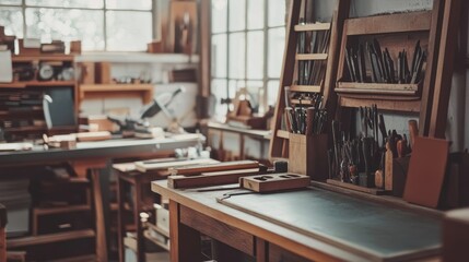 A sophisticated leatherworking station in a well-lit room, Leather tools and materials neatly organized, Vintage artisanal style