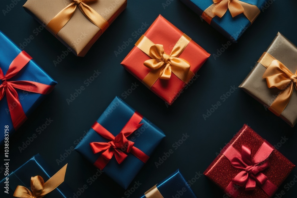 Poster colorful gift boxes adorned with vibrant bows are beautifully arranged on a dark surface, creating a
