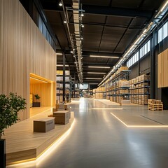 A modern warehouse interior featuring sleek design, wooden accents, and organized shelving for efficient storage.