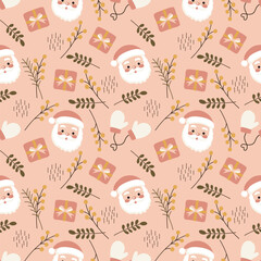 Cozy Christmas seamless pattern with a cute hand-drawn Santa Claus, Gift box, Christmas gloves, Festive holiday card design. Greeting cards, wallpapers, winter season decorations on a pink background