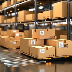 A busy warehouse filled with neatly stacked cardboard boxes on pallets, highlighting an organized storage space.