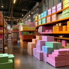 Obraz premium A vibrant warehouse filled with colorful boxes stacked on shelves, creating an organized yet visually appealing storage space.