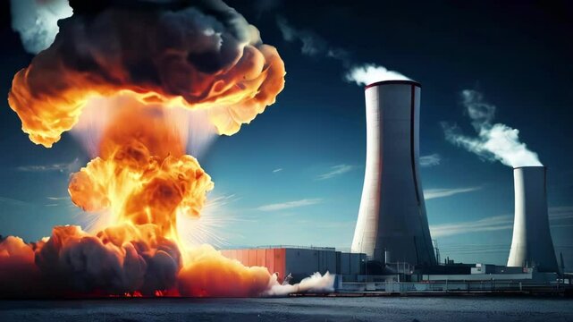 Mushroom cloud of fire rises during nuclear explosion near nuclear power plant. Dangerous powerful updraft of smoke and dust near cooling towers.