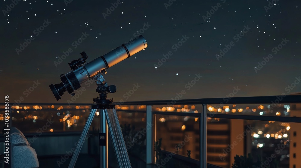 Poster a sophisticated telescope setup on a quiet rooftop terrace, telescope and astronomy tools precisely 