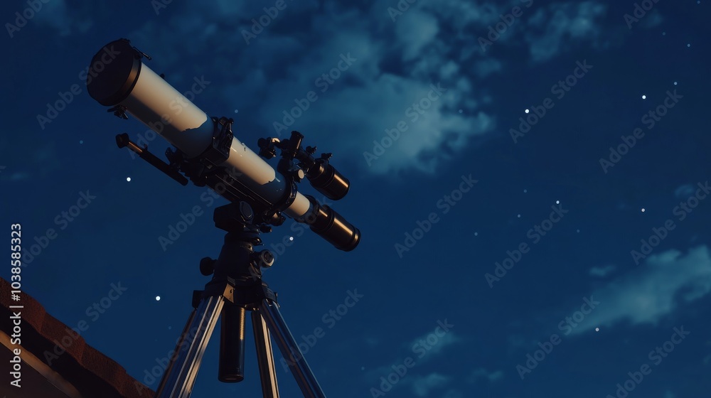 Poster a sophisticated telescope setup on a quiet rooftop terrace, telescope and astronomy tools precisely 