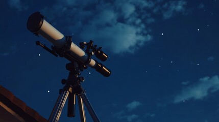 A sophisticated telescope setup on a quiet rooftop terrace, Telescope and astronomy tools precisely positioned, Modern observational style