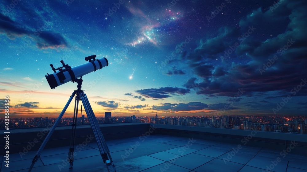 Poster a sophisticated telescope setup on a quiet rooftop terrace, telescope and astronomy tools precisely 