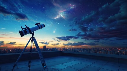 A sophisticated telescope setup on a quiet rooftop terrace, Telescope and astronomy tools precisely positioned, Modern observational style