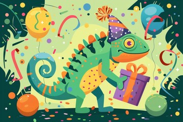 Naklejka premium A festive scene featuring a colorful chameleon in a party hat, holding a gift amidst balloons and confetti, perfect for celebrating lively events and joyful occasions.