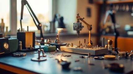A sophisticated watch repair station in a well-lit room, Watchmaking tools and tiny parts carefully positioned, Vintage horology style