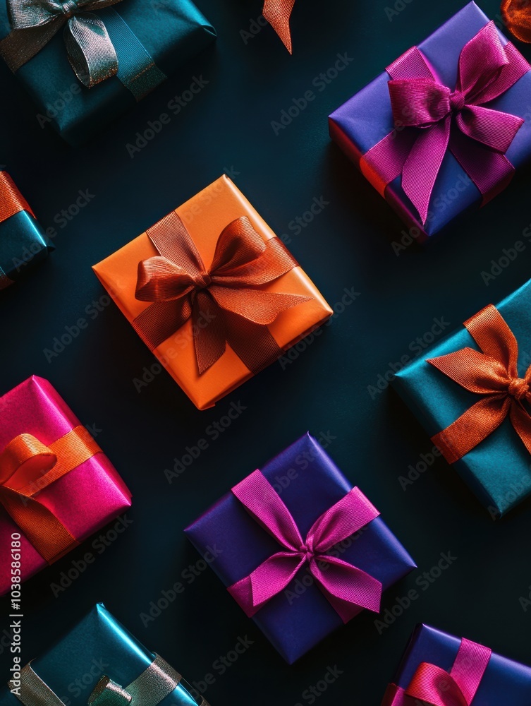 Poster brightly colored gift boxes with shiny bows are arranged neatly on a dark surface, perfect for a cel