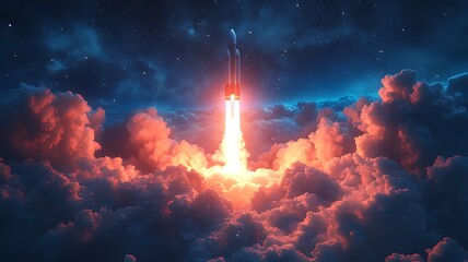 A rocket blasts off into a starry sky, leaving a trail of fire and smoke behind it.