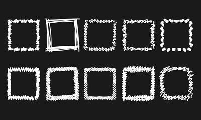 Ten white square hand drawn frames and strokes on black background. Doodles and squiggles. Vector set