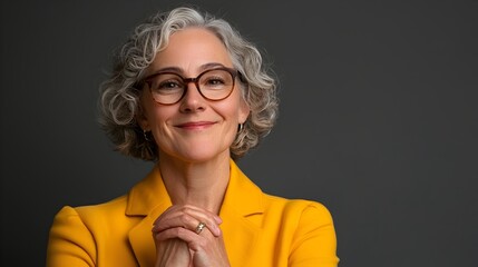 Joyful Elderly Woman Gazing Upwards with Soft Natural Lighting and Neutral Studio Background