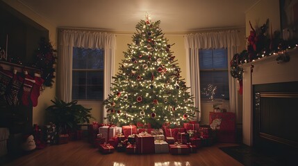 A decorated Christmas tree in a dimly lit room with the lights on the tree providing a warm glow
