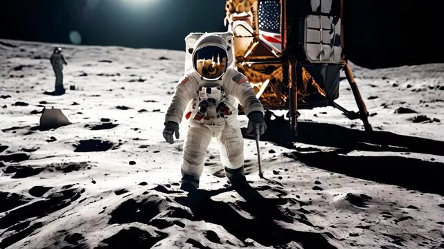 Astronaut in spacesuit on surface of moon near lunar rover. Studying outer space, surface of planet, searching for alien life.