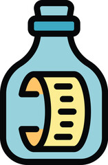 This color icon illustration of a message in a bottle floating in the ocean represents communication, secrets, and adventure