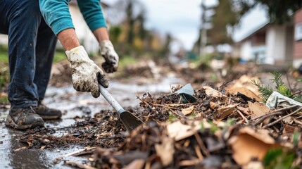 A person cleaning up debris after a storm, showcasing resilience and recovery efforts in the face of destruction
