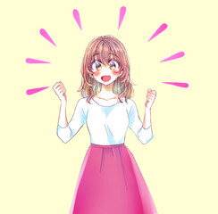 両手で握りこぶしを作る明るい表情の女性