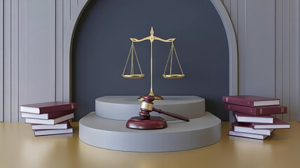 Judge gavel, scales of justice and law books in court, 