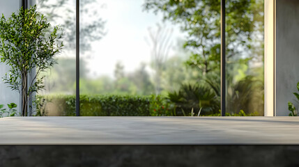 Modern Concrete Table with Blurred Nature Background