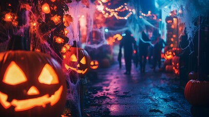 Halloween Themed Scene with Carved Pumpkins Placed on the Ground featuring Scary Glowing Faces