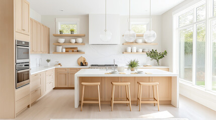 Fototapeta premium photorealistic, professional photography, modern honey oak cabinets in a transitional kitchen,