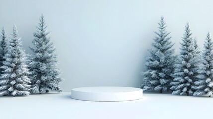 Snowy Winter Podium Scene with Pine Trees 3D