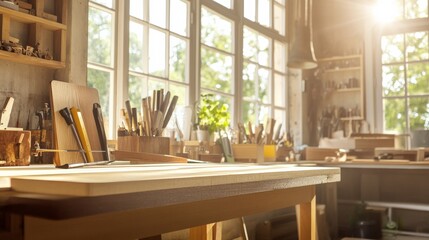 A sophisticated woodworking bench in a sunlit workshop, Woodworking tools and projects meticulously positioned, Rustic craft style