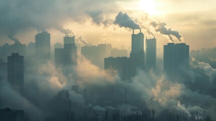 Obraz premium A cityscape covered in thick pollution, showcasing the impact of climate change on air quality in urban areas