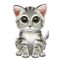 cartoon of cat breeds, A grey white striped kitten