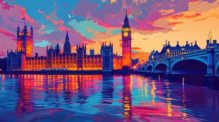 Vibrant sunset over London's iconic cityscape, with Big Ben and the Houses of Parliament reflected...