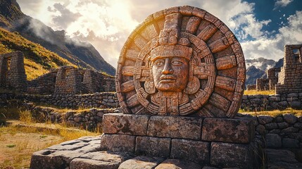 A striking stone sculpture resembling an ancient sun deity is prominently displayed in the foreground, set against a backdrop of dramatic mountains and historic Inca ruins. The sun casts a warm light,