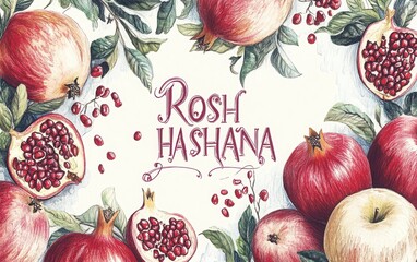 Rosh Hashana greeting card featuring a hand-drawn illustration of apples and pomegranates with "ROSH HASHANA" in elegant typography