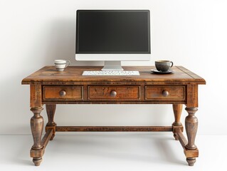 A classic wooden desk with a computer monitor, keyboard, and cup of tea isolated on white