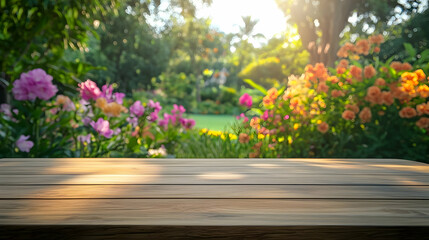 Beautiful Wooden Tabletop in a Scenic Garden Setting