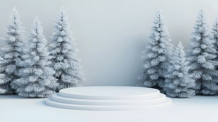 Obraz premium Snowy Pine Tree Podium in Frosty 3D Landscape