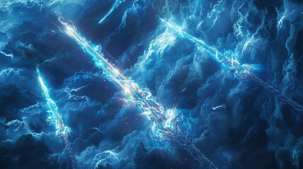 Radiant spears and swords crossed in intricate patterns, glowing with vibrant streams of energy that pulse and flow like liquid electricity.