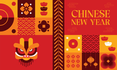 Chinese Lunar New Year seamless pattern in scandinavian style postcard with Retro clean concept