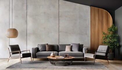 Stylish living room with grey sofa, modern coffee table on grey carpet and dark armchairs on wooden and concrete wall background. 3D rendering