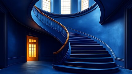 Obraz premium A spiral staircase in a blue room with a door and window.