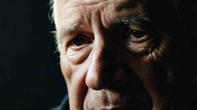 Close-up video of an elderly man with deep wrinkles, expressing profound weariness against a minimalist black background with dramatic side lighting.