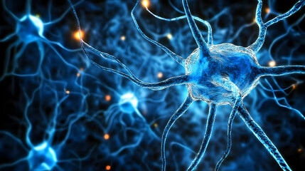 Glowing Blue Neurons in Close-Up View